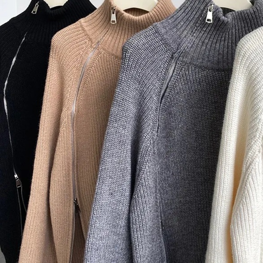 GORGEOUS Chunky Rib Side Zipper Mock Turtleneck Warm Pullover Cream Sweater - Picture 7 of 8